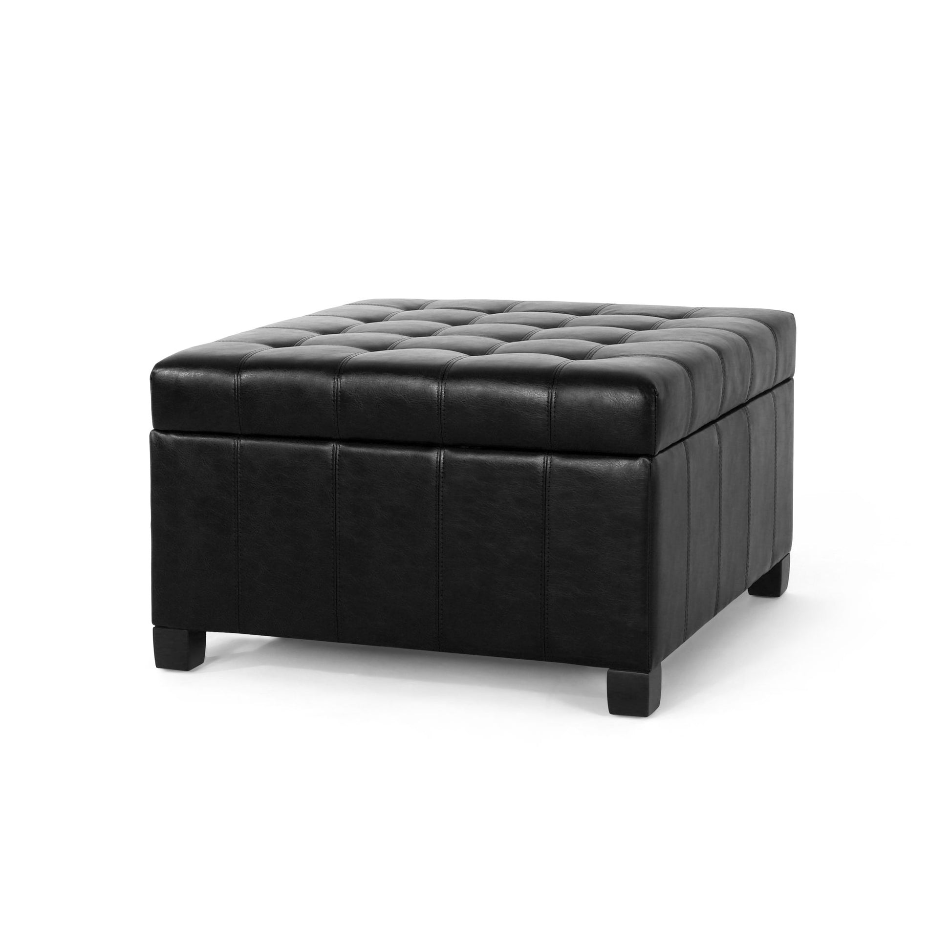 The Storage Ottoman For Living Room is a black, square, tufted leather ottoman with short legs and stitched panels, ideal as a footrest or coffee table.