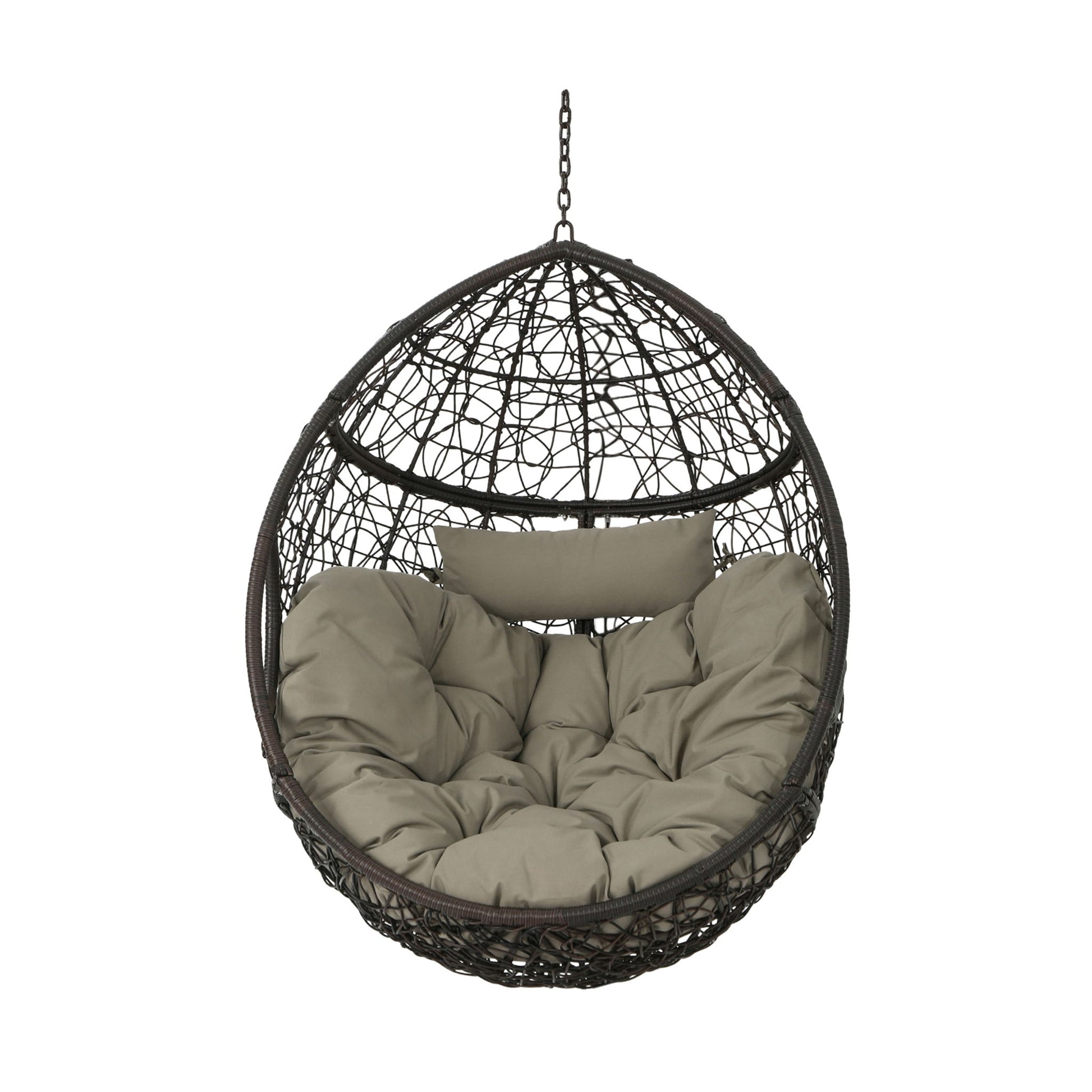 The Kylie Boho Style Hanging Basket Chair features a woven dark brown rattan frame, plush light gray water-resistant cushion with headrest, and hangs securely by a metal chain.