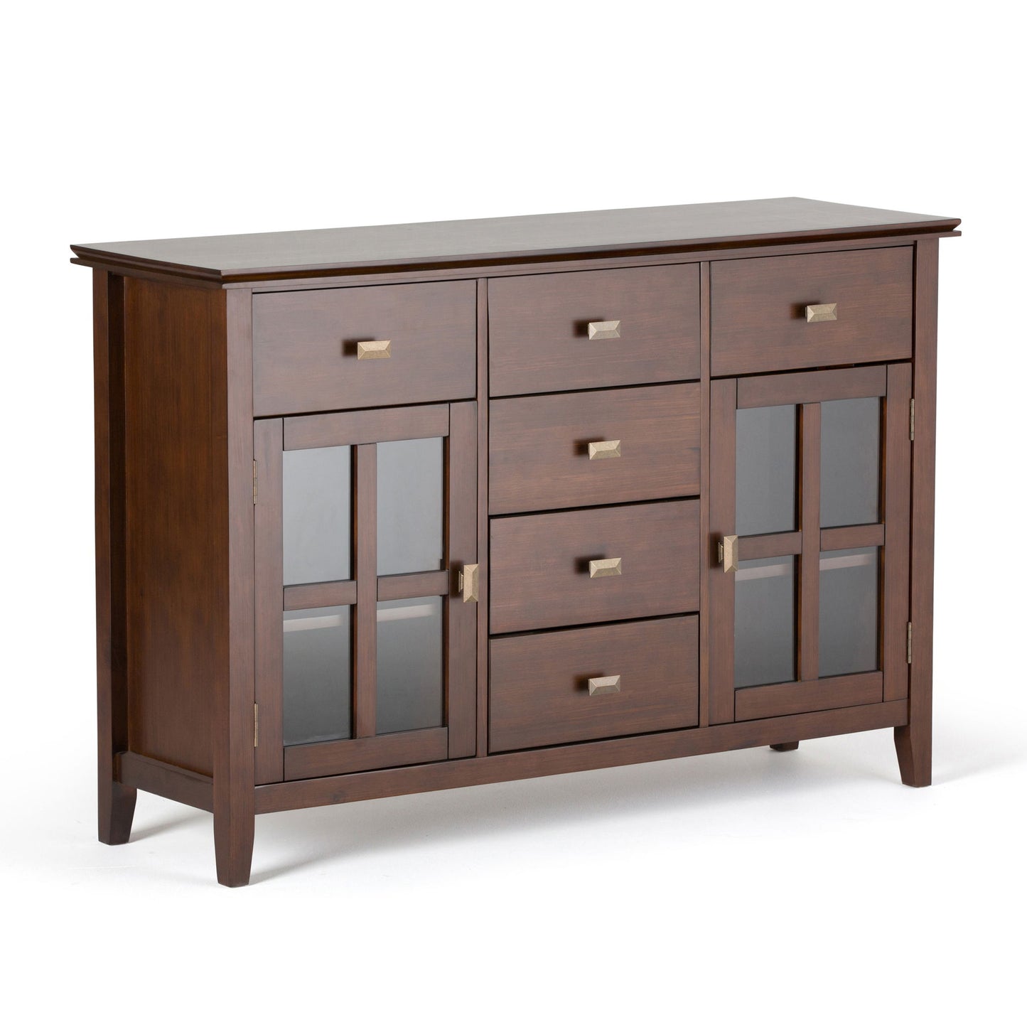 The Artisan - Handcrafted Sideboard Buffet features a dark wood finish, three central drawers, two top drawers, and glass-paneled cabinet doors on each side, all accented with metal handles.