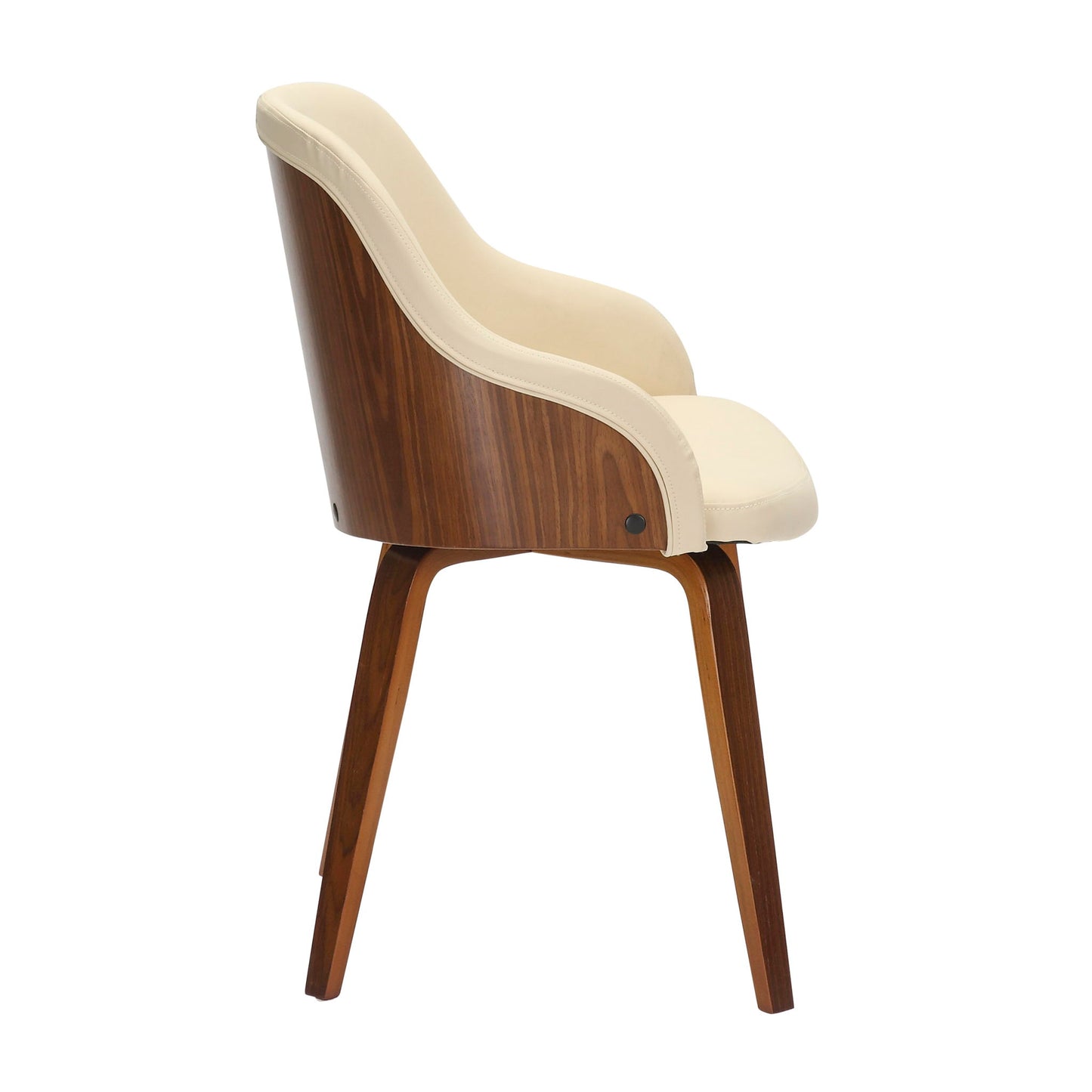 The Bacci Mid Century Modern Dining Chair features a curved wooden frame and beige upholstered seat and backrest, displayed from the side on four angled wooden legs.