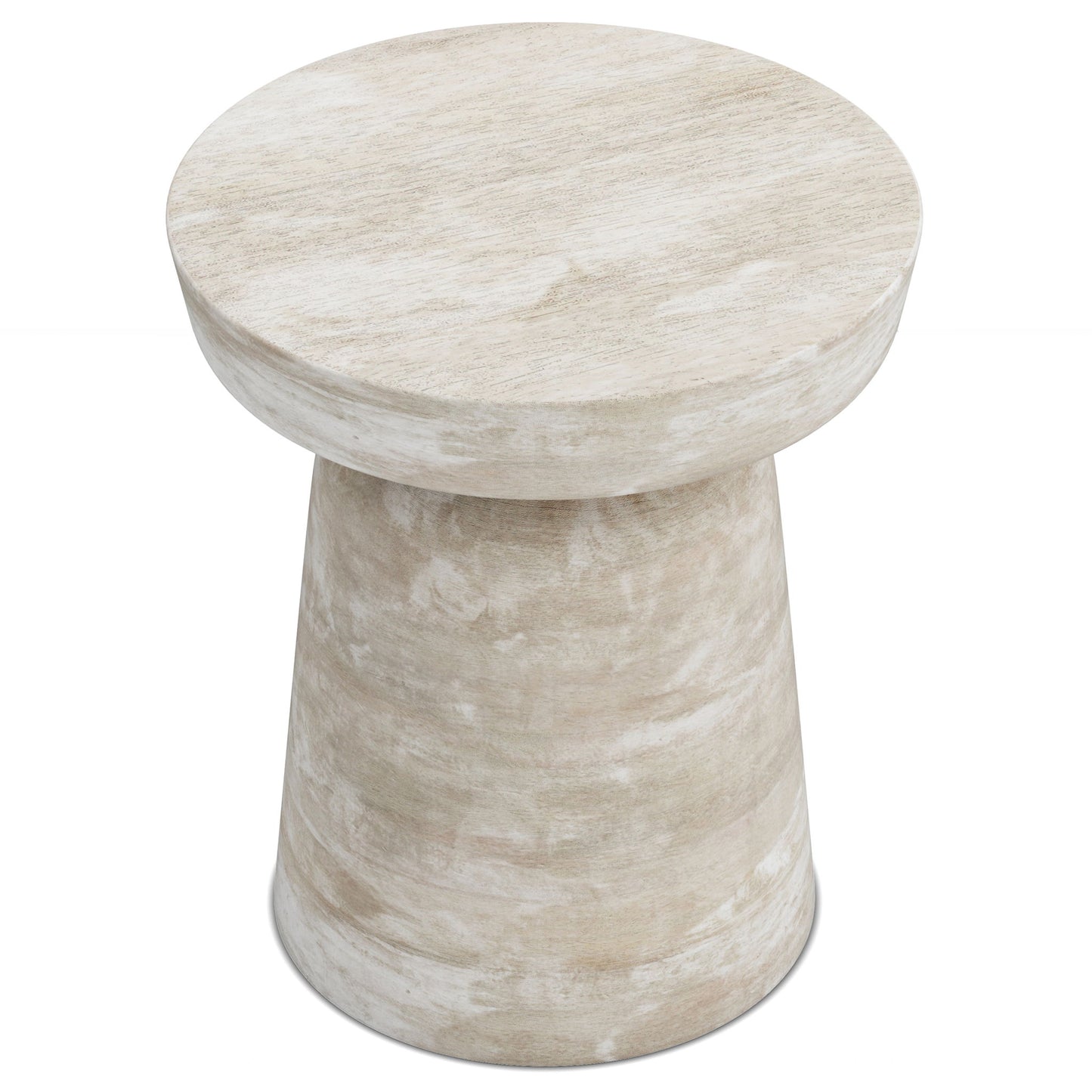 The Robbie - Handcrafted Accent Table is a round, light wood-toned piece with a wide, flat top and a tapered base, featuring a smooth, weathered finish. Perfect as a stool or side table.