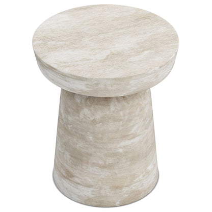 The Robbie - Handcrafted Accent Table is a round, light wood-toned piece with a wide, flat top and a tapered base, featuring a smooth, weathered finish. Perfect as a stool or side table.
