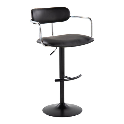 The Demi barstool is a modern black seat with a cushion, low backrest, chrome armrests, adjustable height lever, swivel function, and a round base featuring a rounded T footrest. Sold as a set of 2.