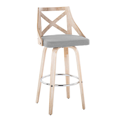 The Charlotte Farmhouse Bar Stool set features a light wood frame, cross-back design, gray cushioned seat, four angled legs, swivel function, and a round metal footrest.