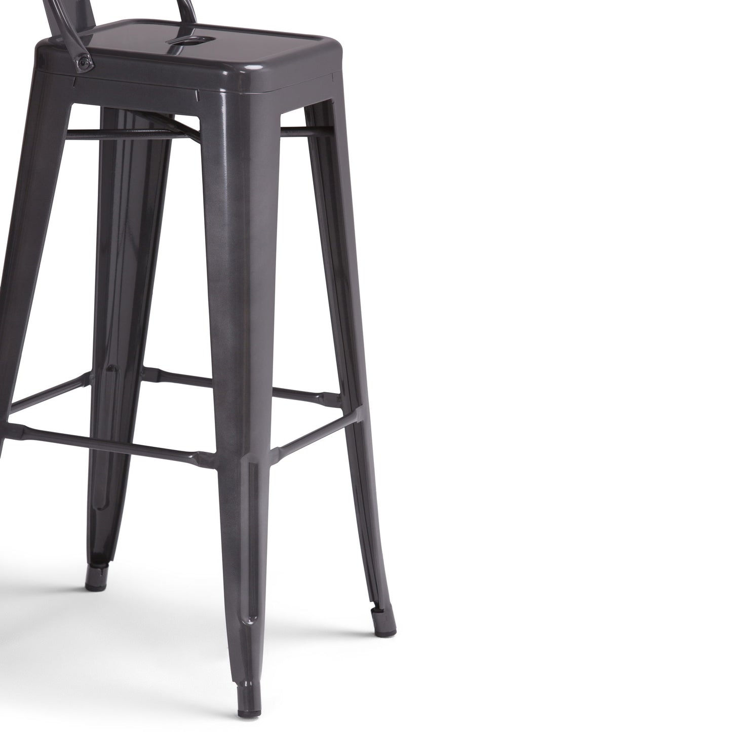 Set of 2 Rayne Curved Back Metal Stools in black, featuring a square seat, four slender legs with crossbar supports, displayed against a white background.