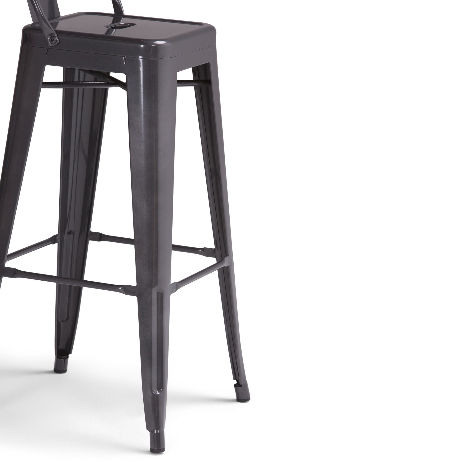 Set of 2 Rayne Curved Back Metal Stools in black, featuring a square seat, four slender legs with crossbar supports, displayed against a white background.