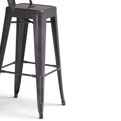 Set of 2 Rayne Curved Back Metal Stools in black, featuring a square seat, four slender legs with crossbar supports, displayed against a white background.