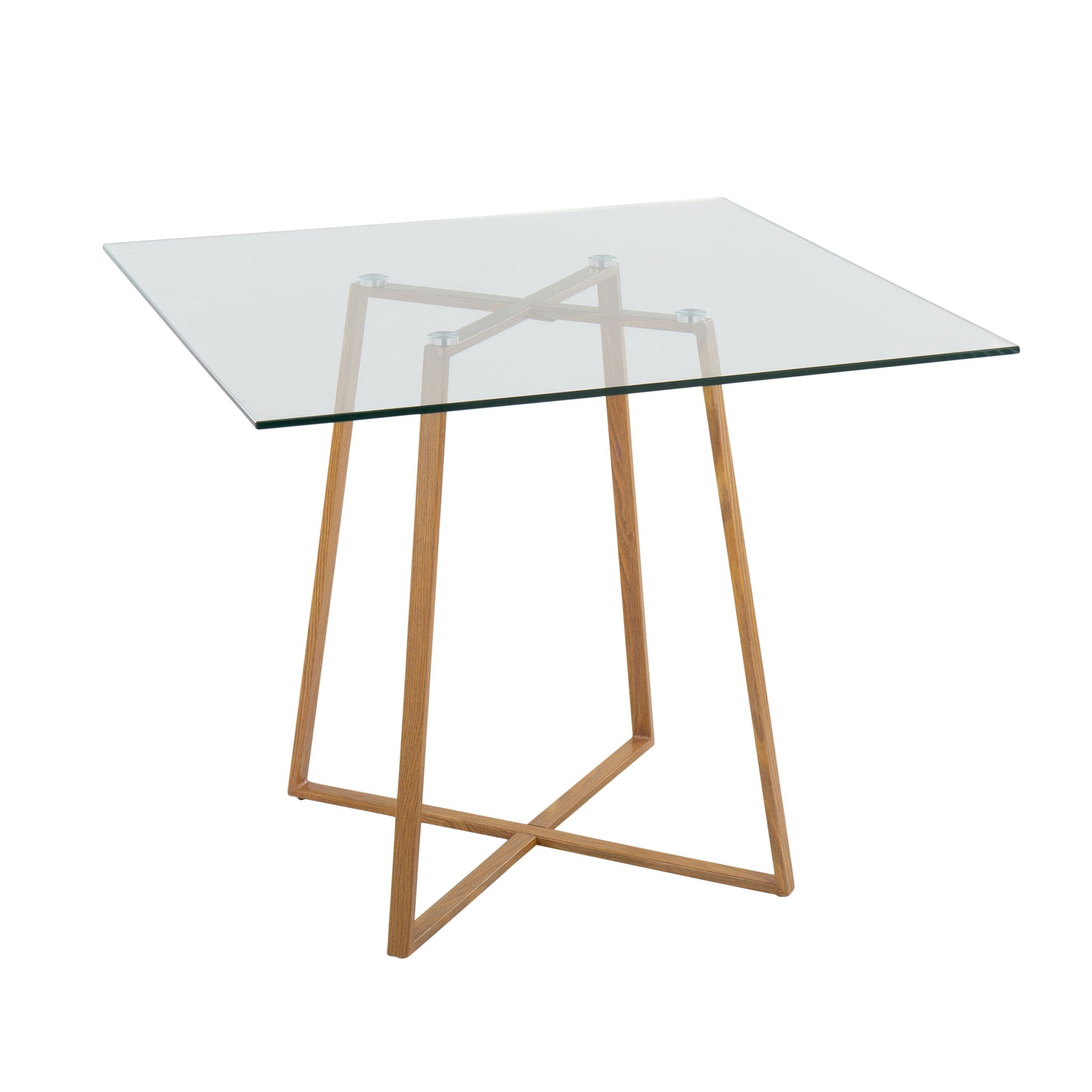 The Cosmo - Contemporary Square Dining Table features a clear glass top and a geometric wooden base with intersecting angled legs.