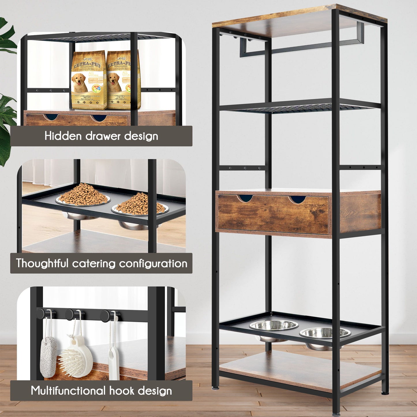 The Dog Feeding Station features 3 height-adjustable raised bowls for large, medium dogs and cats, shelves for storage, a hidden drawer, accessory hooks, and labeled sections—all in a sleek black/dark brown metal and wood design.