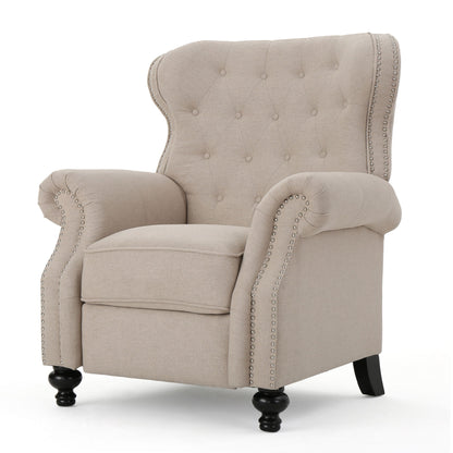 Contemporary style push back recliner featuring button tufted stitching, nailhead trim, rolled arms, and dark wooden legs displayed on a white background.