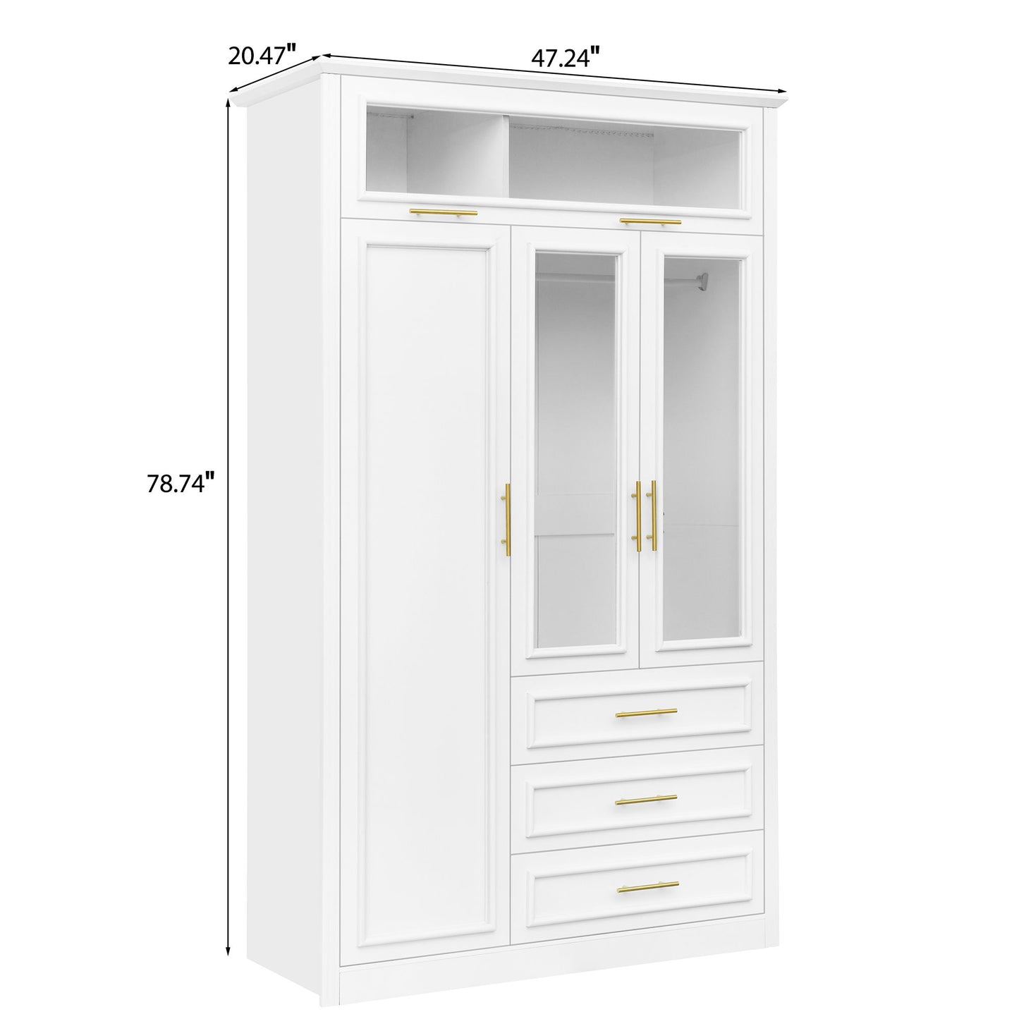 3 Door Wardrobe Armoire With LED Lighting And 3 Drawers - White