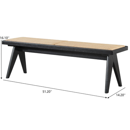The Keira - Modern Aesthetics Bench features a rectangular woven seat and black wooden frame, shown at an angle. Dimensions: 51.20" L x 14.20" D x 16.10" H.