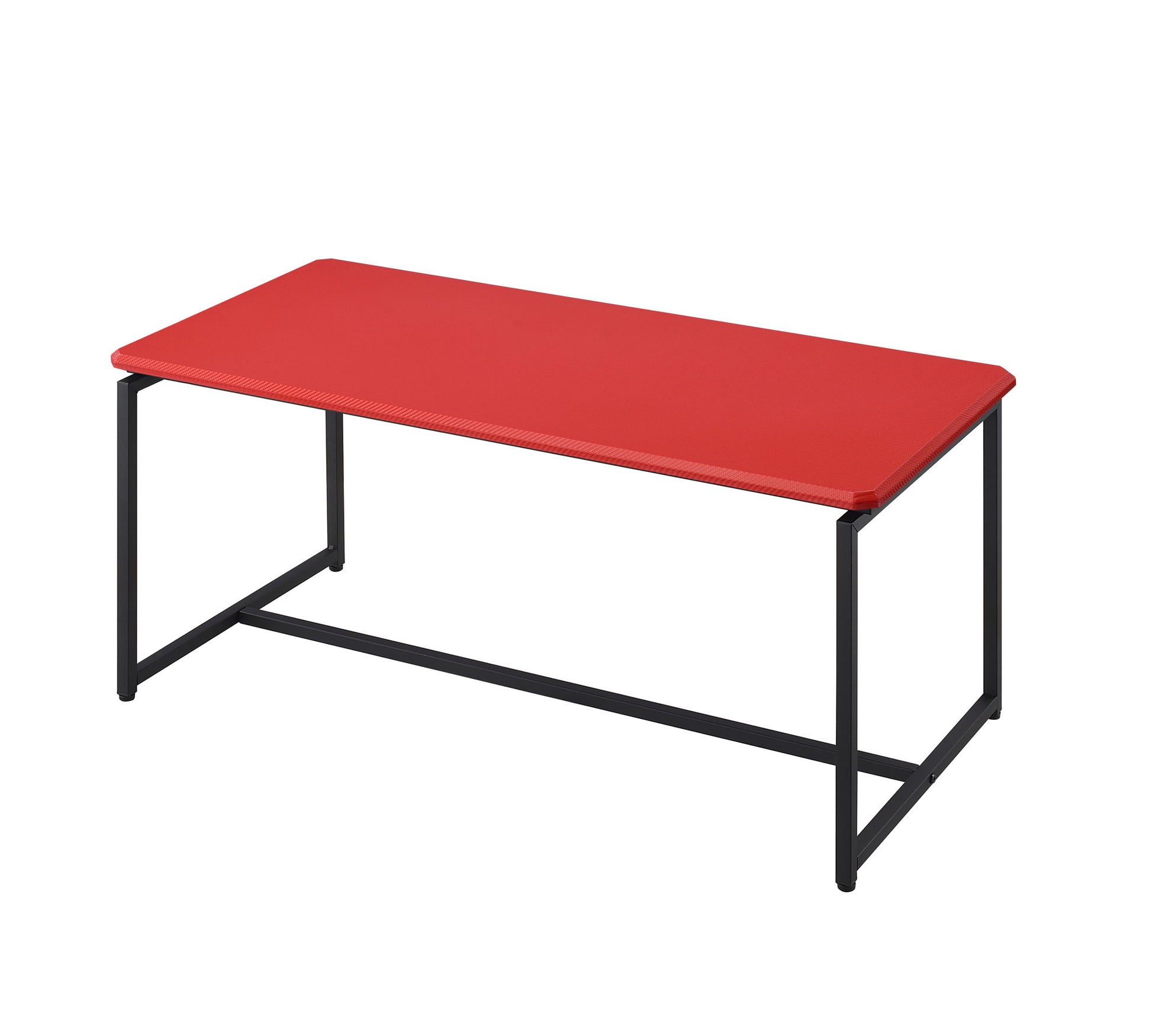 The GT - 3 Piece Carbon Fiber Wrap Coffee Table And End Table set features a sleek rectangular coffee table with a bold red tabletop and minimalist black metal frame.