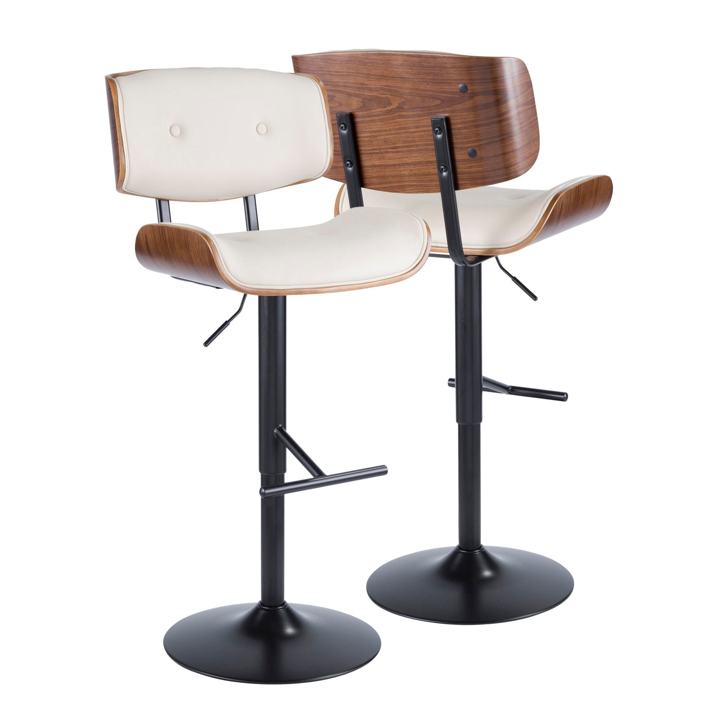 The Lombardi Mid Century Modern Adjustable Barstool features a black metal base, curved wooden back, cream padded seat and backrest, adjustable height, and footrest—sold as a set of two.