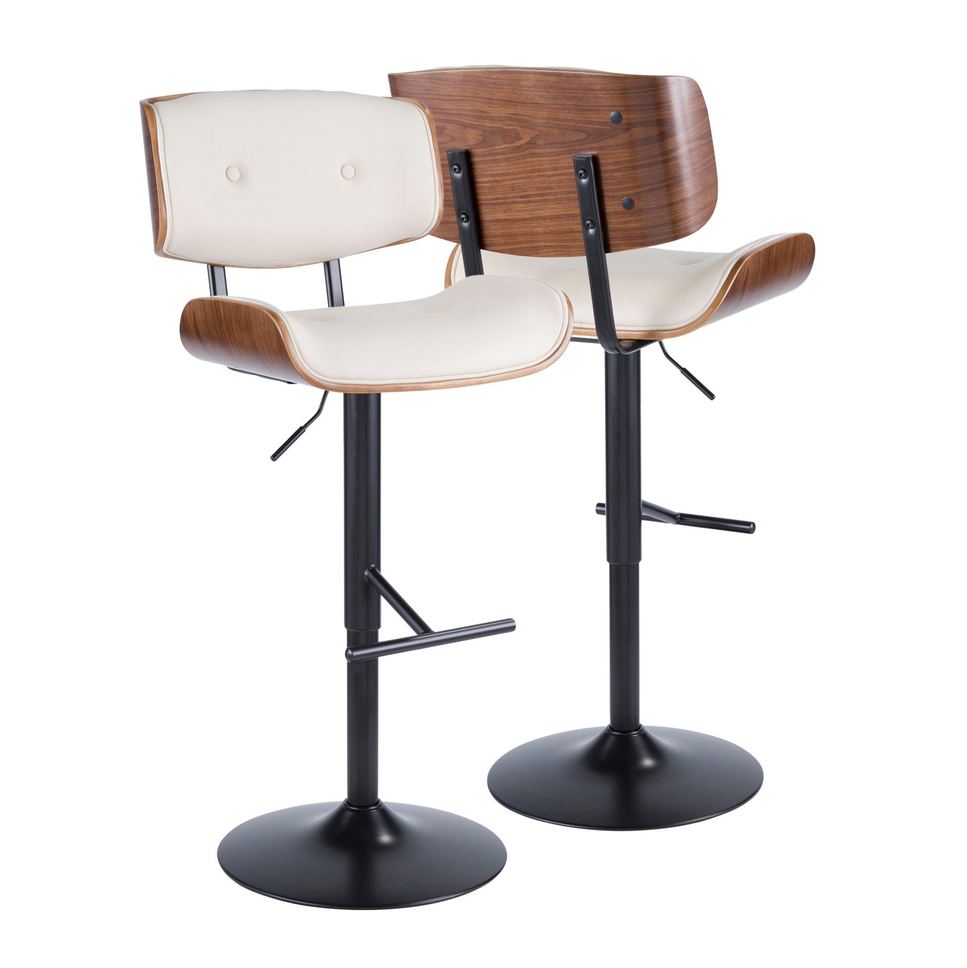 The Lombardi Mid Century Modern Adjustable Barstool features a black metal base, curved wooden back, cream padded seat and backrest, adjustable height, and footrest—sold as a set of two.