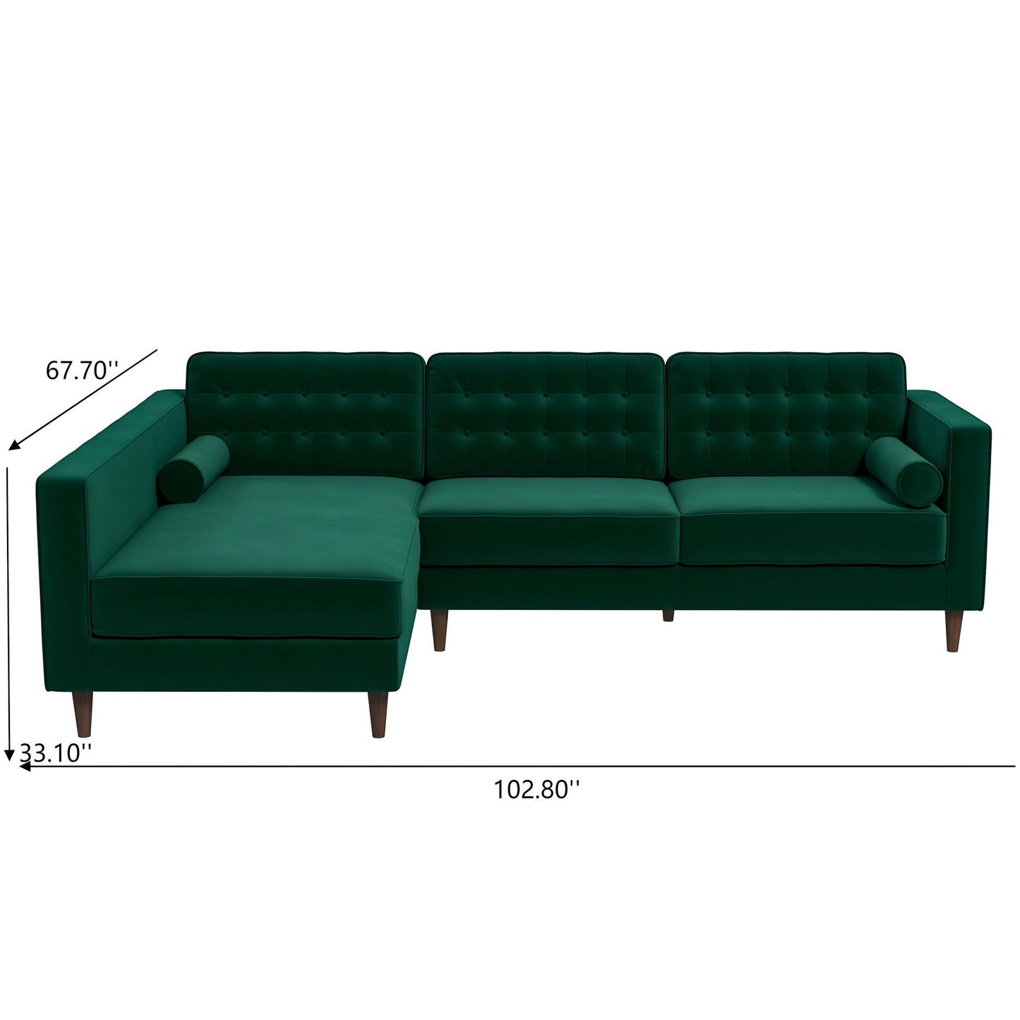 The Christian Mid-Century Modern Sectional features green velvet, button-tufted backrests, a left chaise, two cylindrical pillows, and wooden legs. Dimensions: 67.70"H x 33.10"D x 102.80"W.