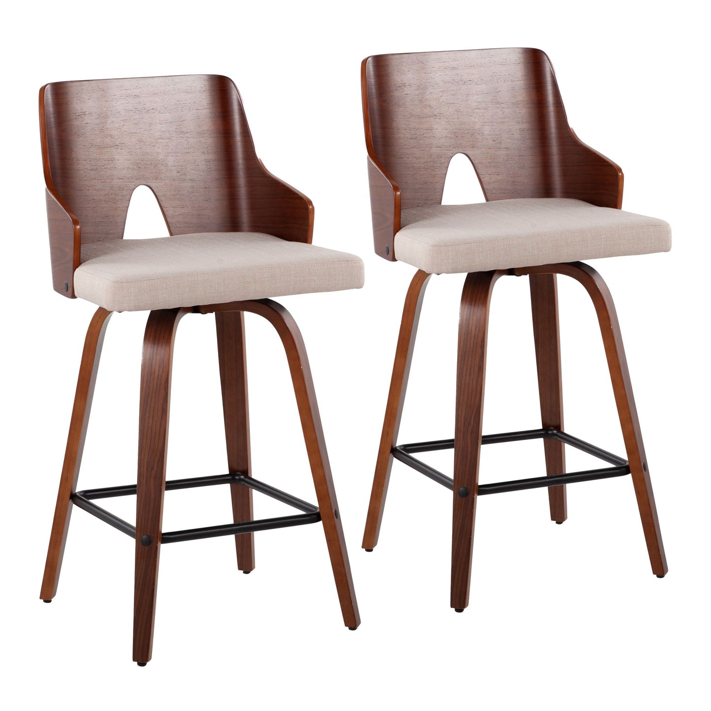Set of 2 Ariana Mid Century Modern counter stools featuring curved backs with central cutouts, dark wood finish, beige cushioned seats, black metal footrests, and angled legs.