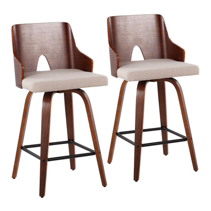 Set of 2 Ariana Mid Century Modern counter stools featuring curved backs with central cutouts, dark wood finish, beige cushioned seats, black metal footrests, and angled legs.