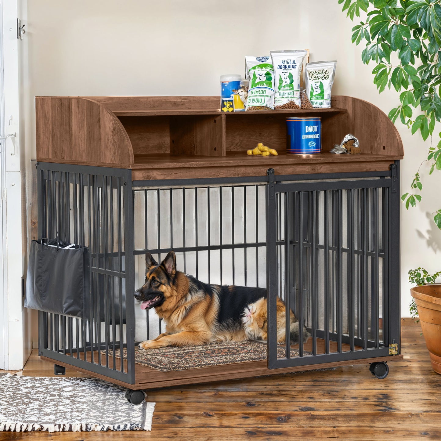 Heavy Duty Dog Crate Furniture For Medium Dog With Lockable Wheels, Wooden Dog Crate Dog Kennel, End Table Crate With Double Layer Storage