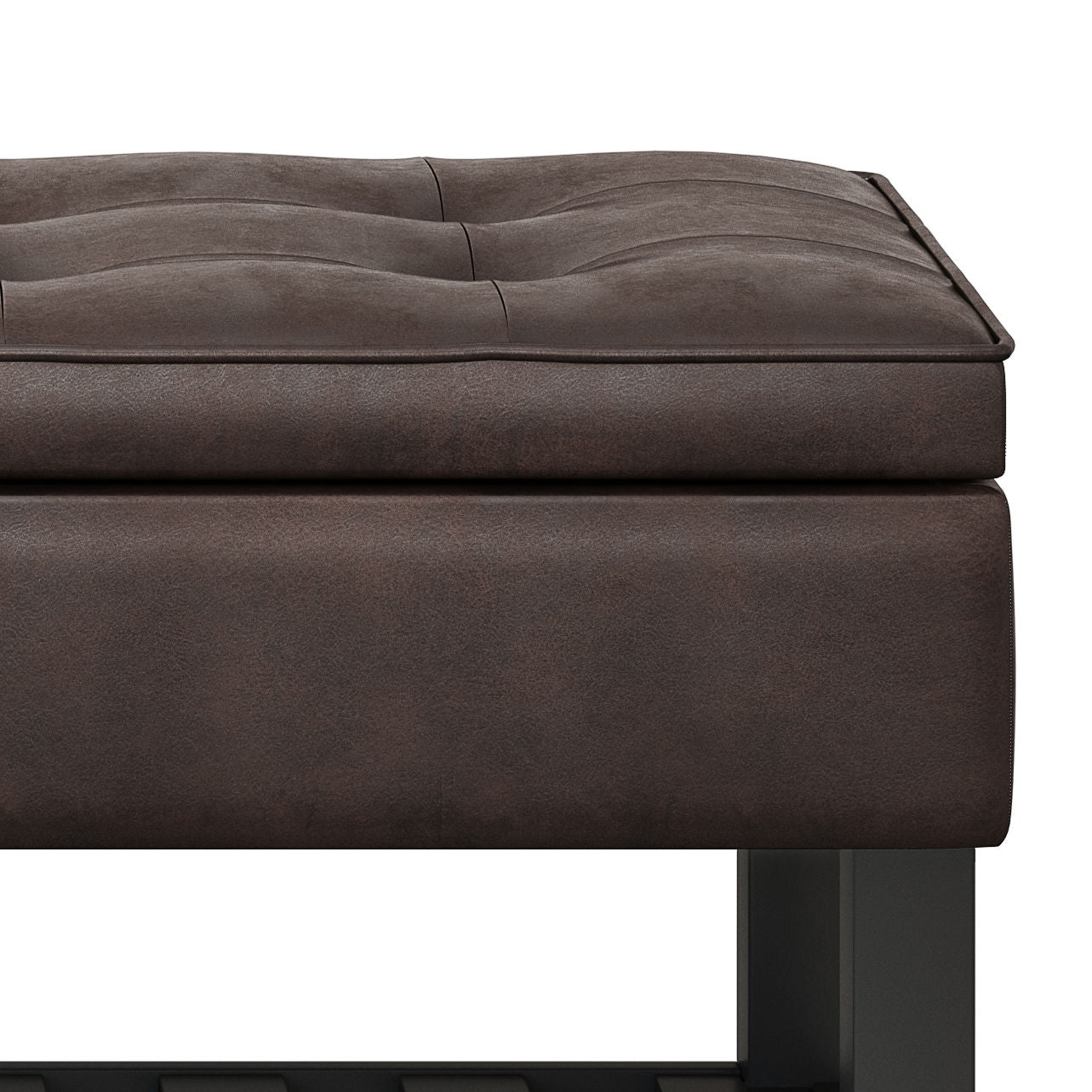 Close-up of the Cosmopolitan - Storage Ottoman Bench With Open Bottom, featuring dark brown tufted leather, a thick cushion, and black metal legs against a white background.