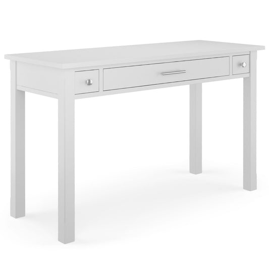 The Avalon Handcrafted Writing Office Desk features three drawers with metal handles and straight legs, shown here in classic white against a plain backdrop.