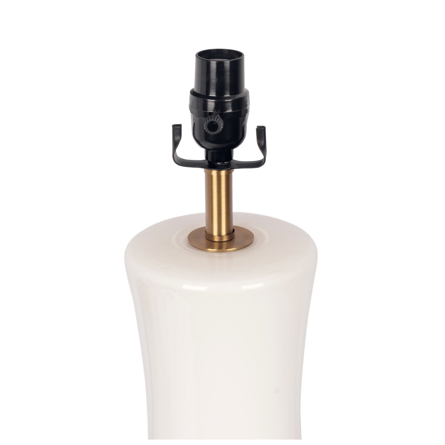 Close-up of the Cascade Lamp Base Table Lamp in beige, gold, and white, showing its ceramic base with a brass neck and black socket against a white background.