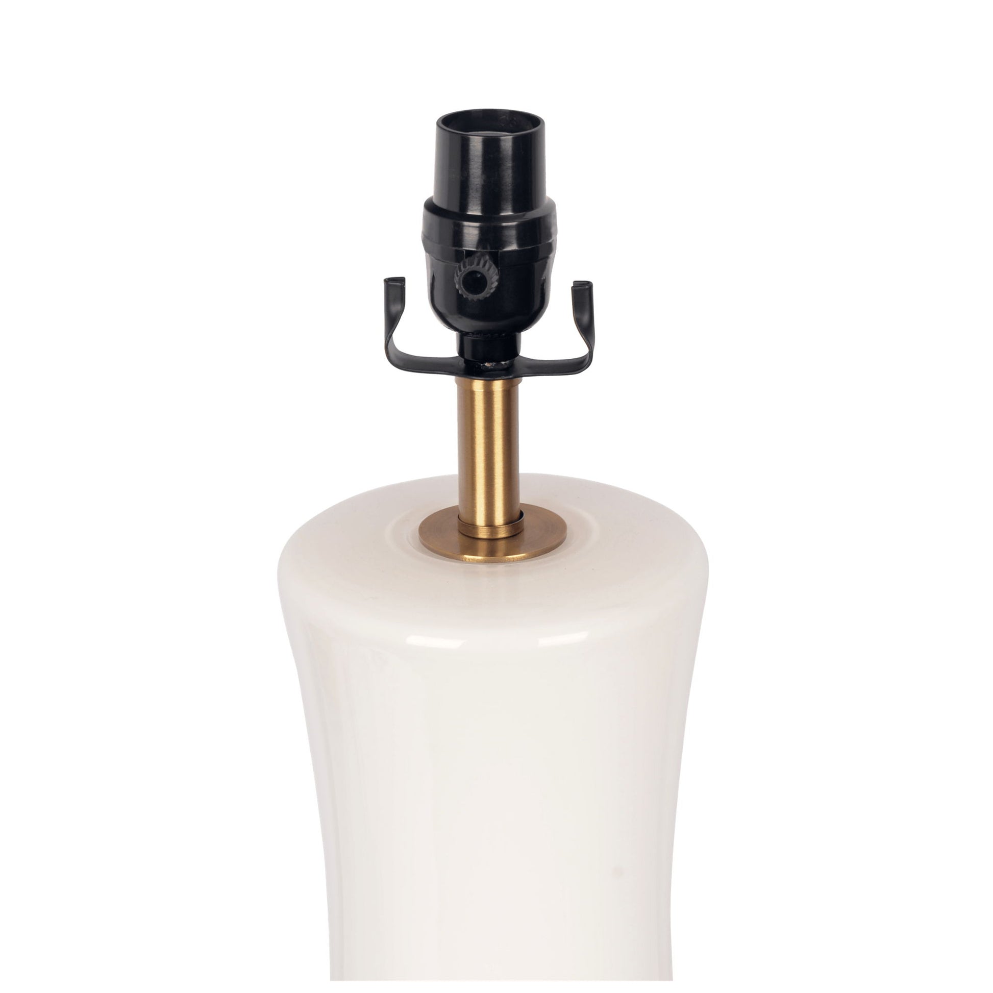 Close-up of the Cascade Lamp Base Table Lamp in beige, gold, and white, showing its ceramic base with a brass neck and black socket against a white background.