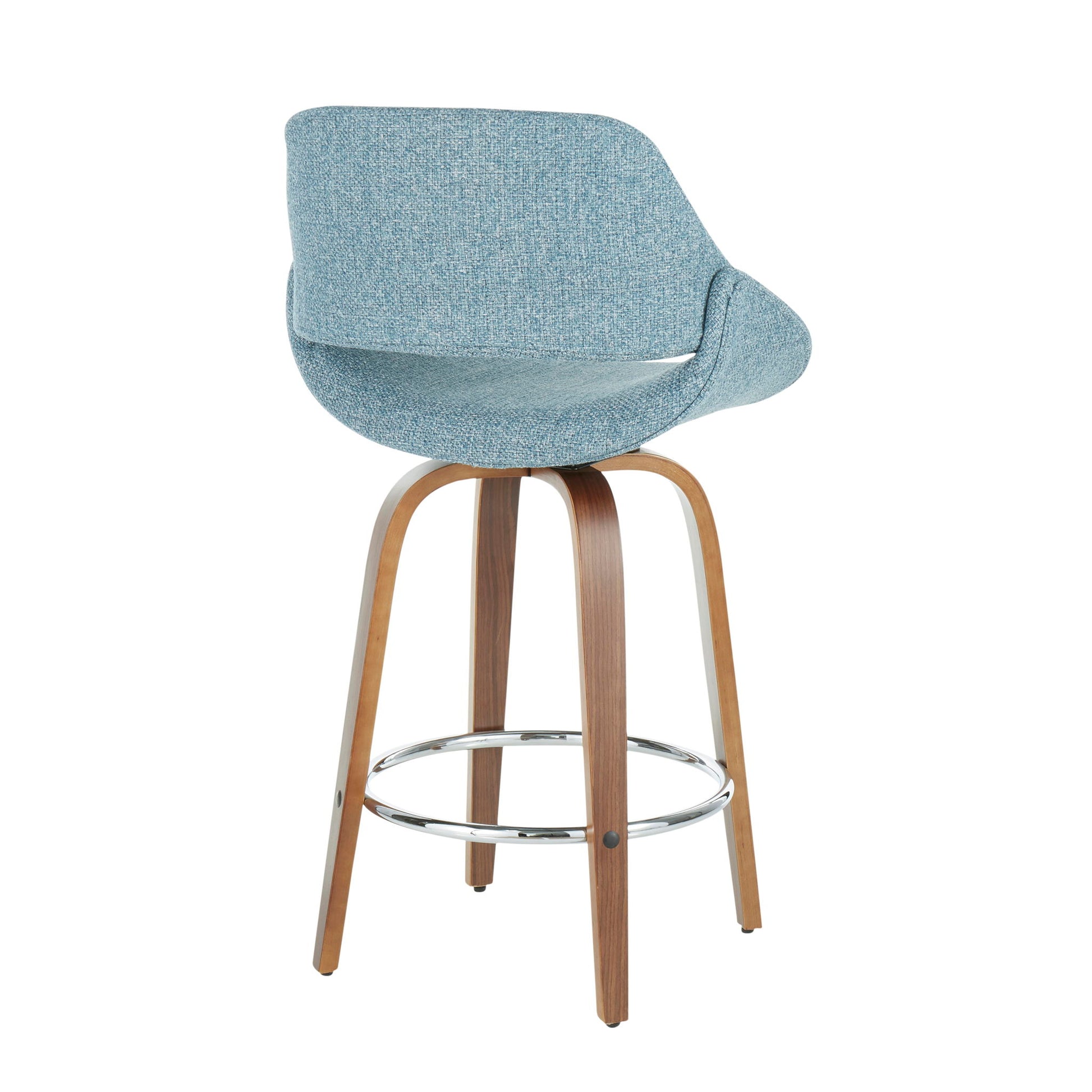 The Fabrico Fixed Height Counter Stool set features a modern design with a curved light blue upholstered backrest, wooden legs, and a round chrome footrest, shown from the back.