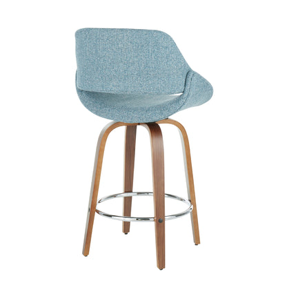 The Fabrico Fixed Height Counter Stool set features a modern design with a curved light blue upholstered backrest, wooden legs, and a round chrome footrest, shown from the back.