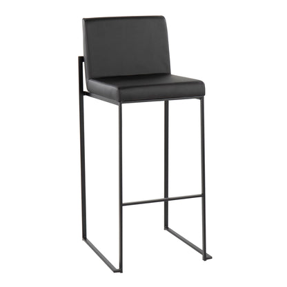 The Fuji - Contemporary High Back Barstool features a modern black padded seat and backrest, set on a sleek minimalist metal frame with footrest for added comfort.