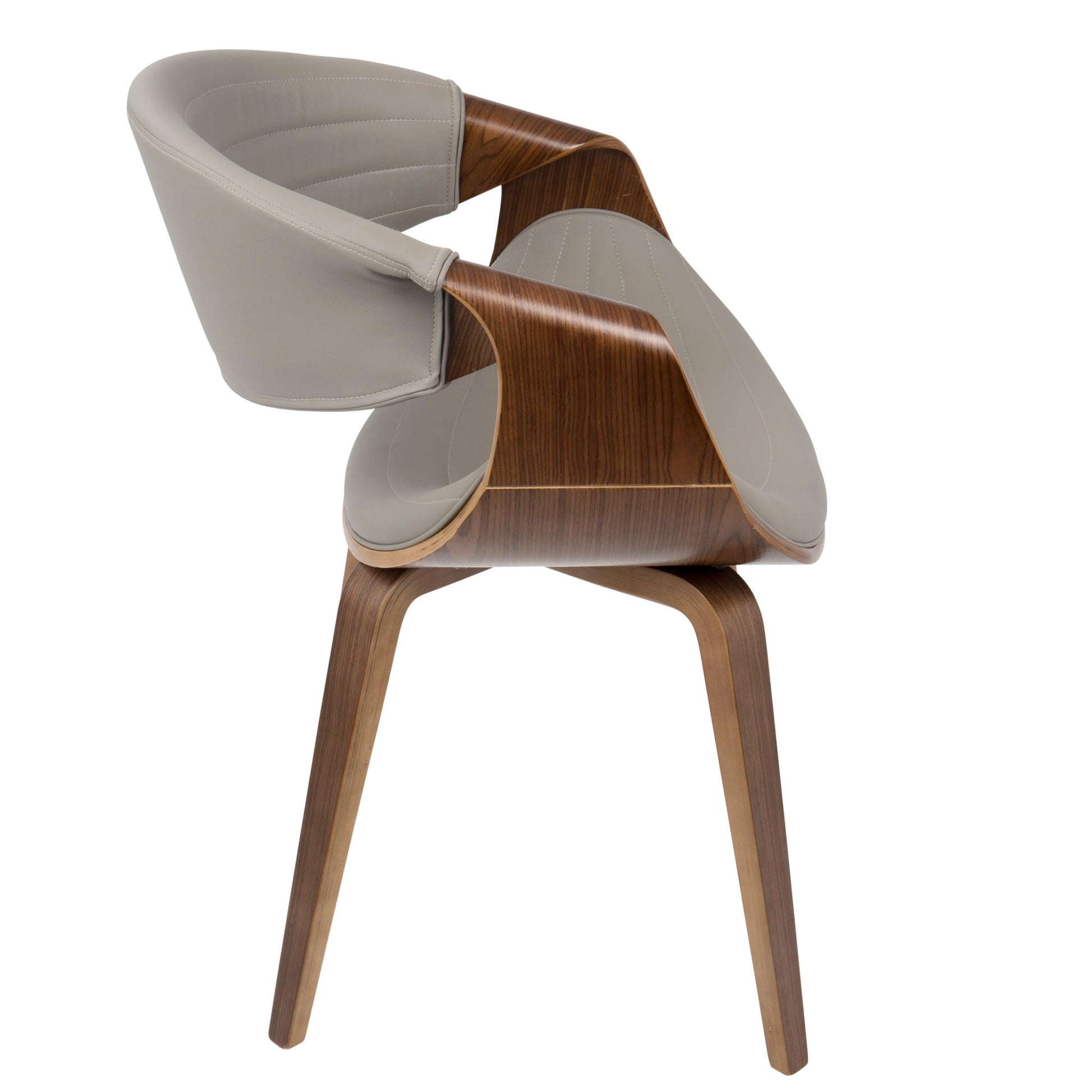 The Symphony Mid Century Modern Dining Chair features a curved wooden frame, light gray padded seat and backrest, sleek contemporary design, and angled wooden legs.