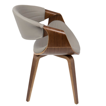 The Symphony Mid Century Modern Dining Chair features a curved wooden frame, light gray padded seat and backrest, sleek contemporary design, and angled wooden legs.