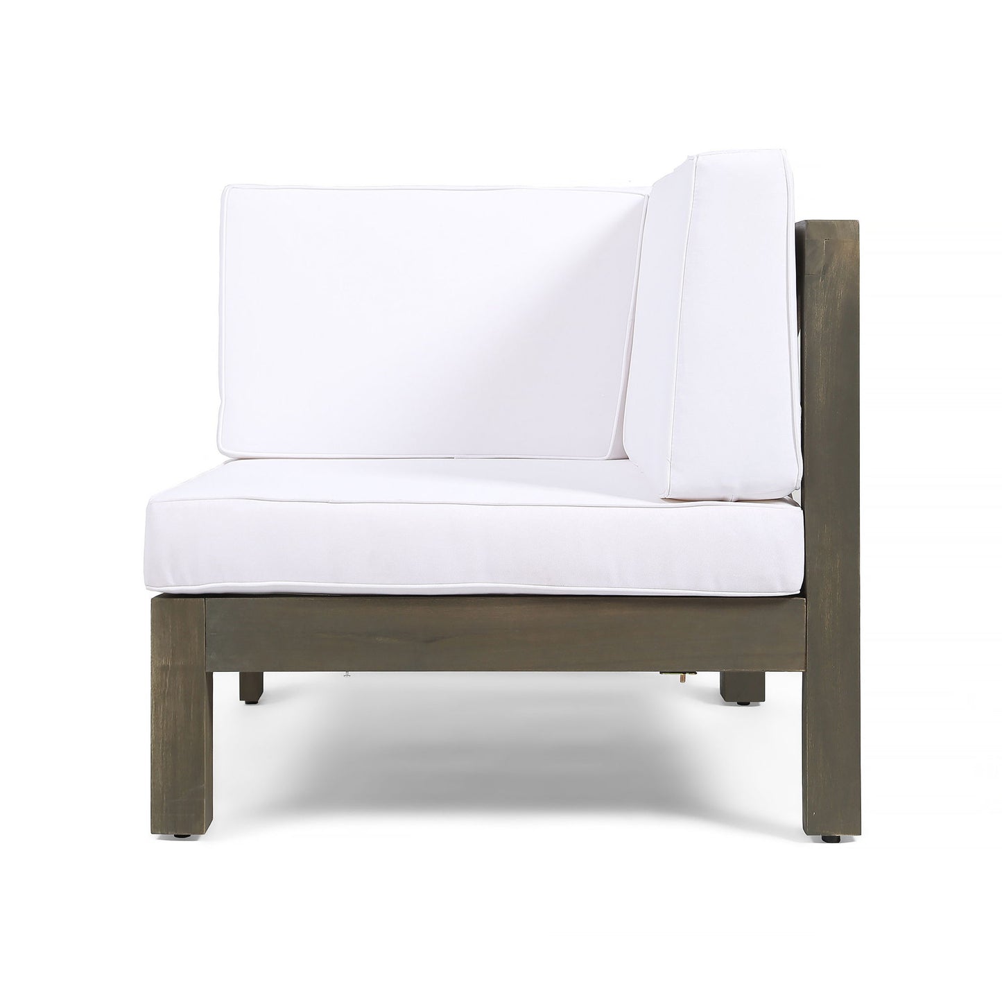 The Oana Arm Chair is a modern outdoor sectional piece featuring a dark wooden frame and thick white seat and back cushions, displayed on a plain white background.