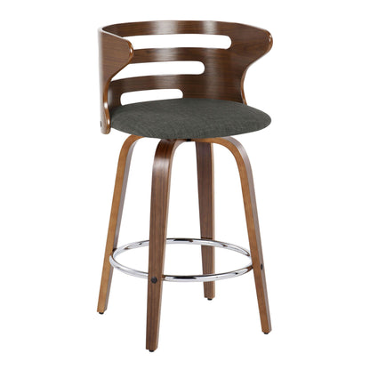 The Cosini Mid Century Modern Fixed Height Barstool features a curved wooden backrest, black cushioned seat, four angled wooden legs, and a round chrome footrest. This set of 2 also offers swivel functionality for added comfort.
