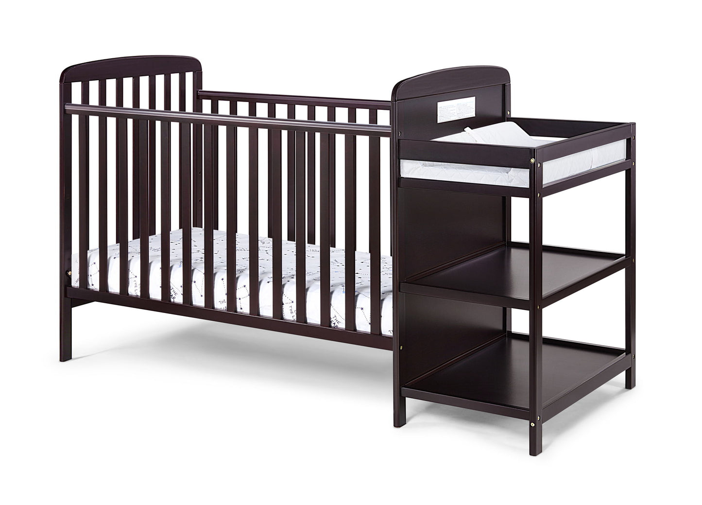 The Ramsey 3-in-1 Convertible Crib / Changer Combo features a dark brown wooden crib with slatted sides, attached to a matching changing table with two open shelves and a cushioned changing pad on top.