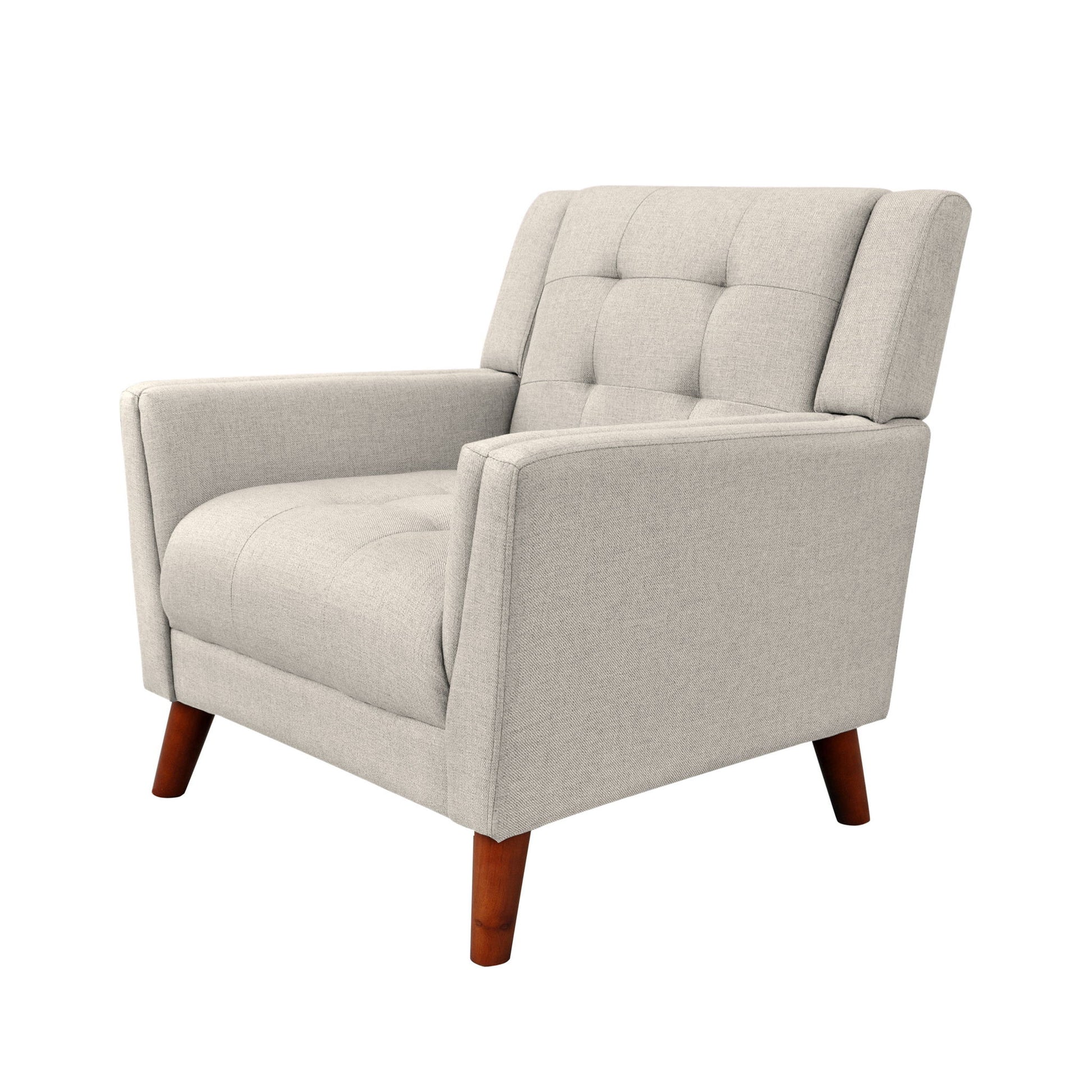 The Luminaesque Fabric Upholstered Armchair features light gray fabric, a tufted back and seat, square armrests, and angled wooden legs, shown against a plain white background.