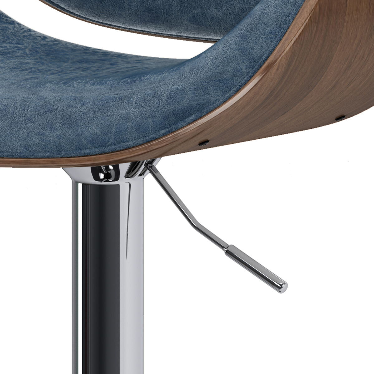 Close-up of the Marana Multifunctional Handcrafted Bentwood Adjustable Swivel Bar Stool featuring a blue cushioned seat, curved wooden backrest, and chrome hydraulic lift on a shiny metal base.
