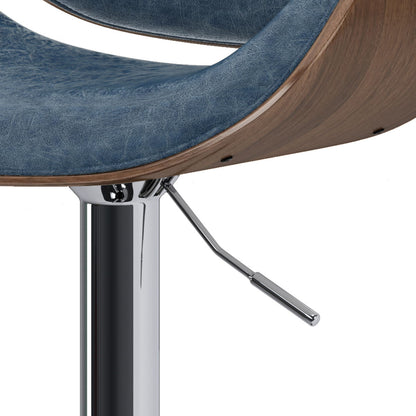 Close-up of the Marana Multifunctional Handcrafted Bentwood Adjustable Swivel Bar Stool featuring a blue cushioned seat, curved wooden backrest, and chrome hydraulic lift on a shiny metal base.
