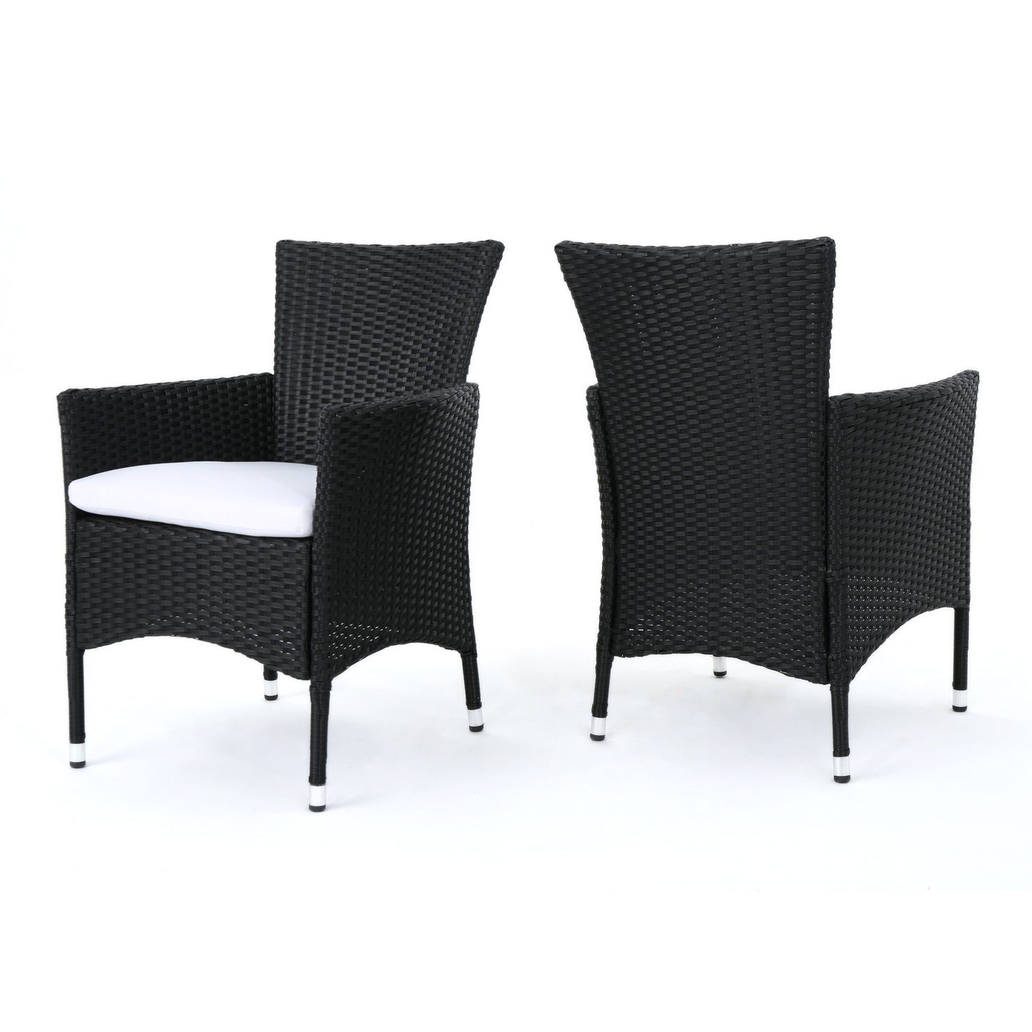 Set of 2 Dimensional Outdoor Dining Chairs with white seat cushions and iron frames, shown from front and back angles against a plain white background.