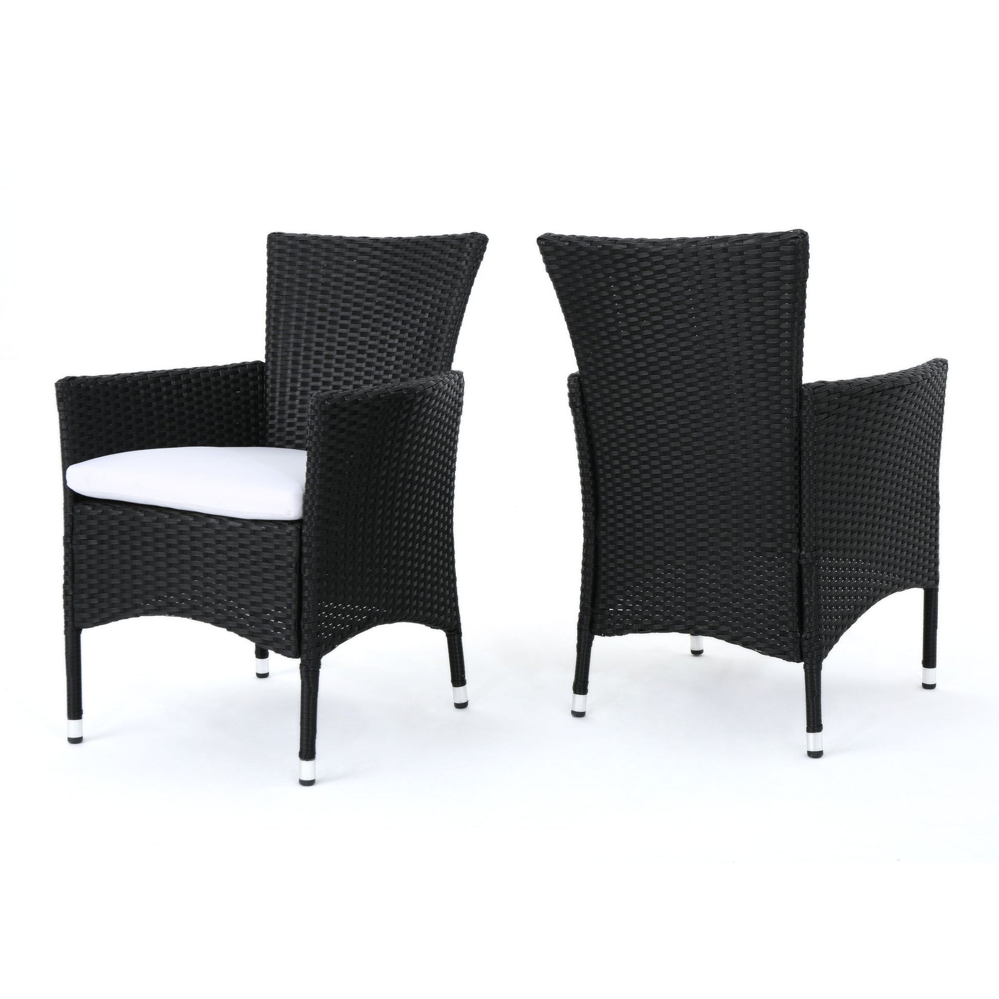 Set of 2 Dimensional Outdoor Dining Chairs with white seat cushions and iron frames, shown from front and back angles against a plain white background.