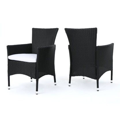 Set of 2 Dimensional Outdoor Dining Chairs with white seat cushions and iron frames, shown from front and back angles against a plain white background.