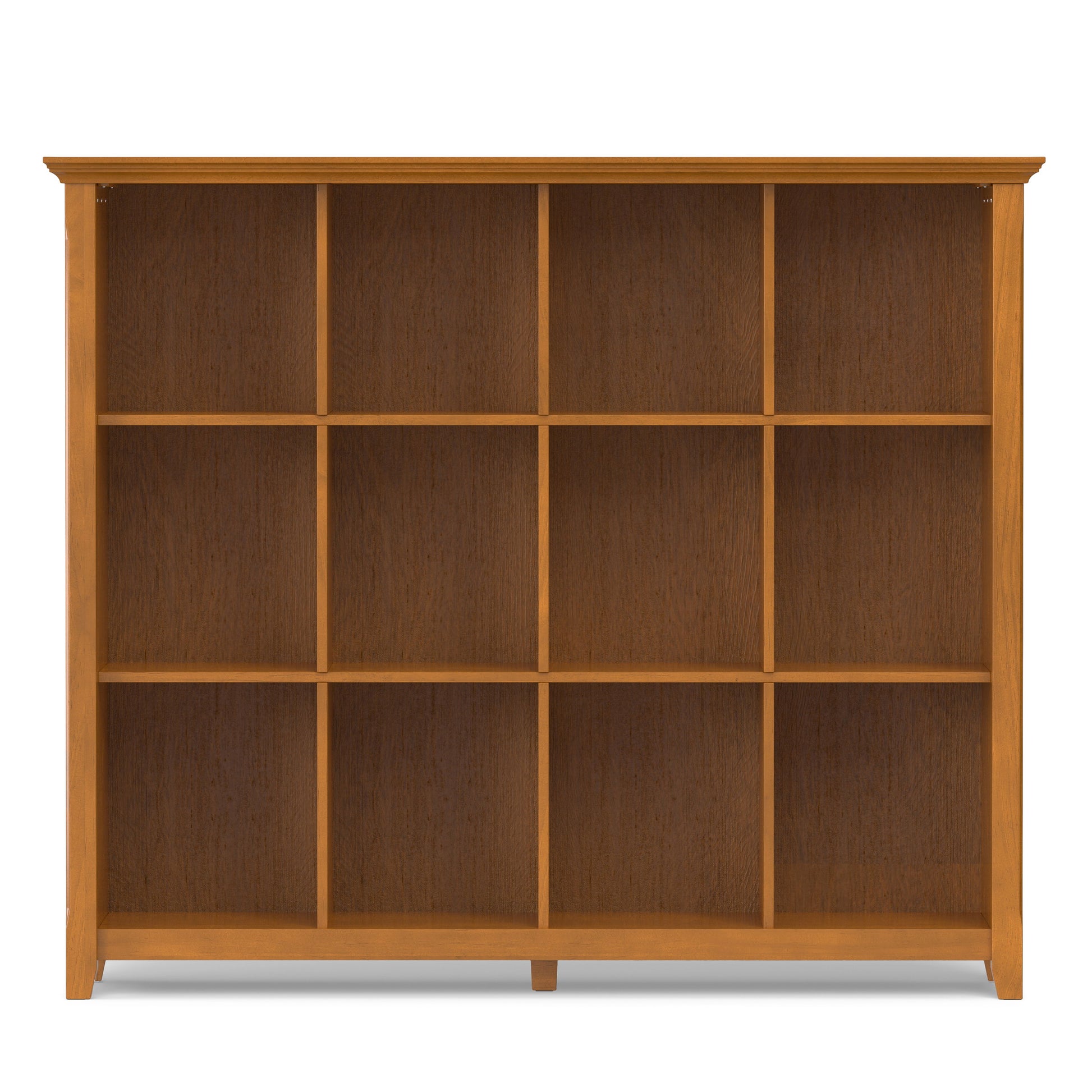 The Acadian - Handcrafted Cube Storage is a wooden bookshelf with a light brown finish, featuring twelve square compartments in a 3-by-4 grid, set against a white background.