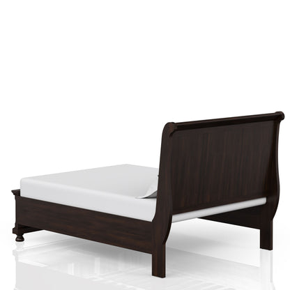 The Elegant Design Storage Bed is a dark wood sleigh bed with a high curved headboard and footboard, displayed at an angle on a white background with a neatly made mattress and white sheet.