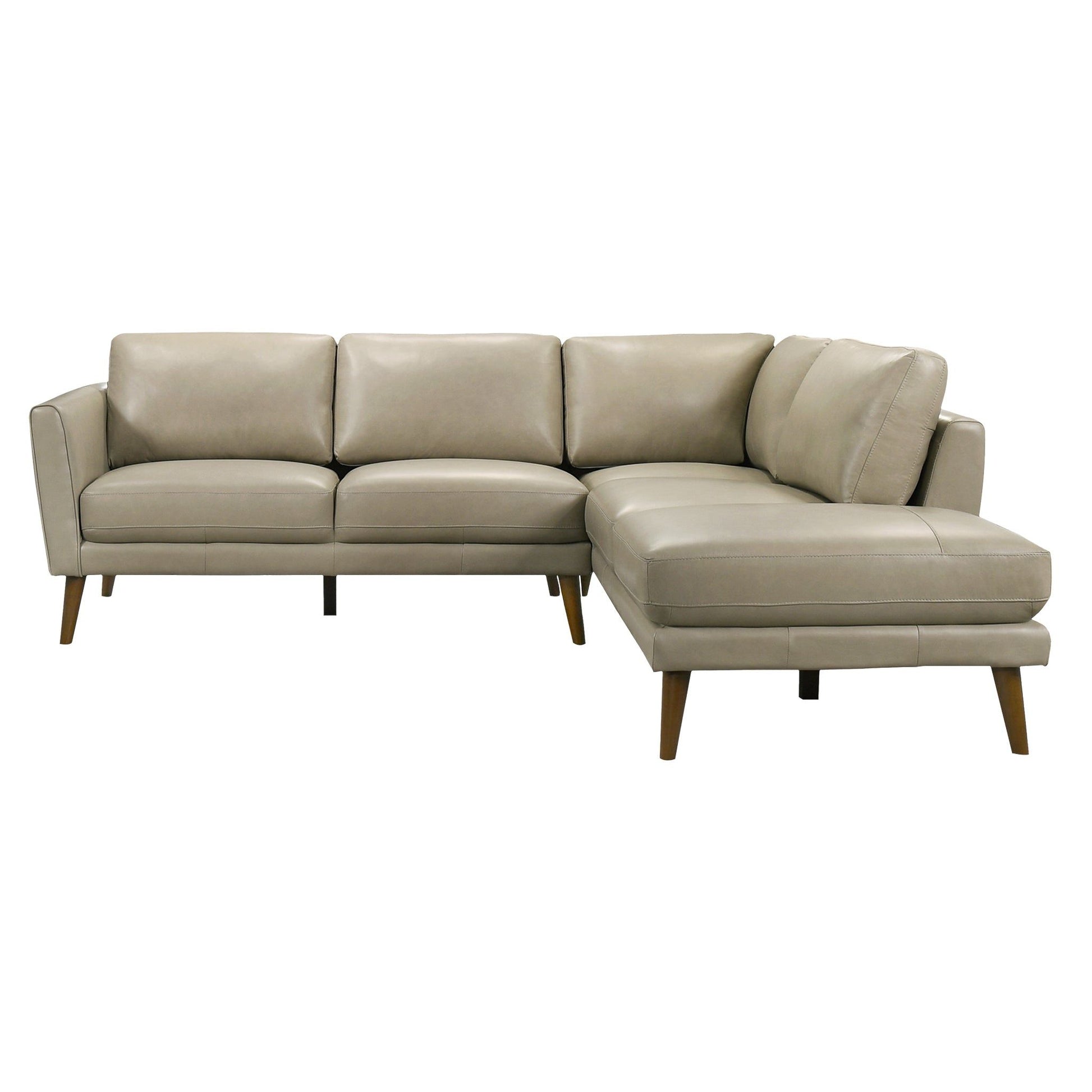 The Benson Sectional Sofa With Chaise features a modern L-shaped design with light beige leather upholstery, wooden legs, clean lines, three seat cushions, padded backs and arms, and a right-side chaise lounge.