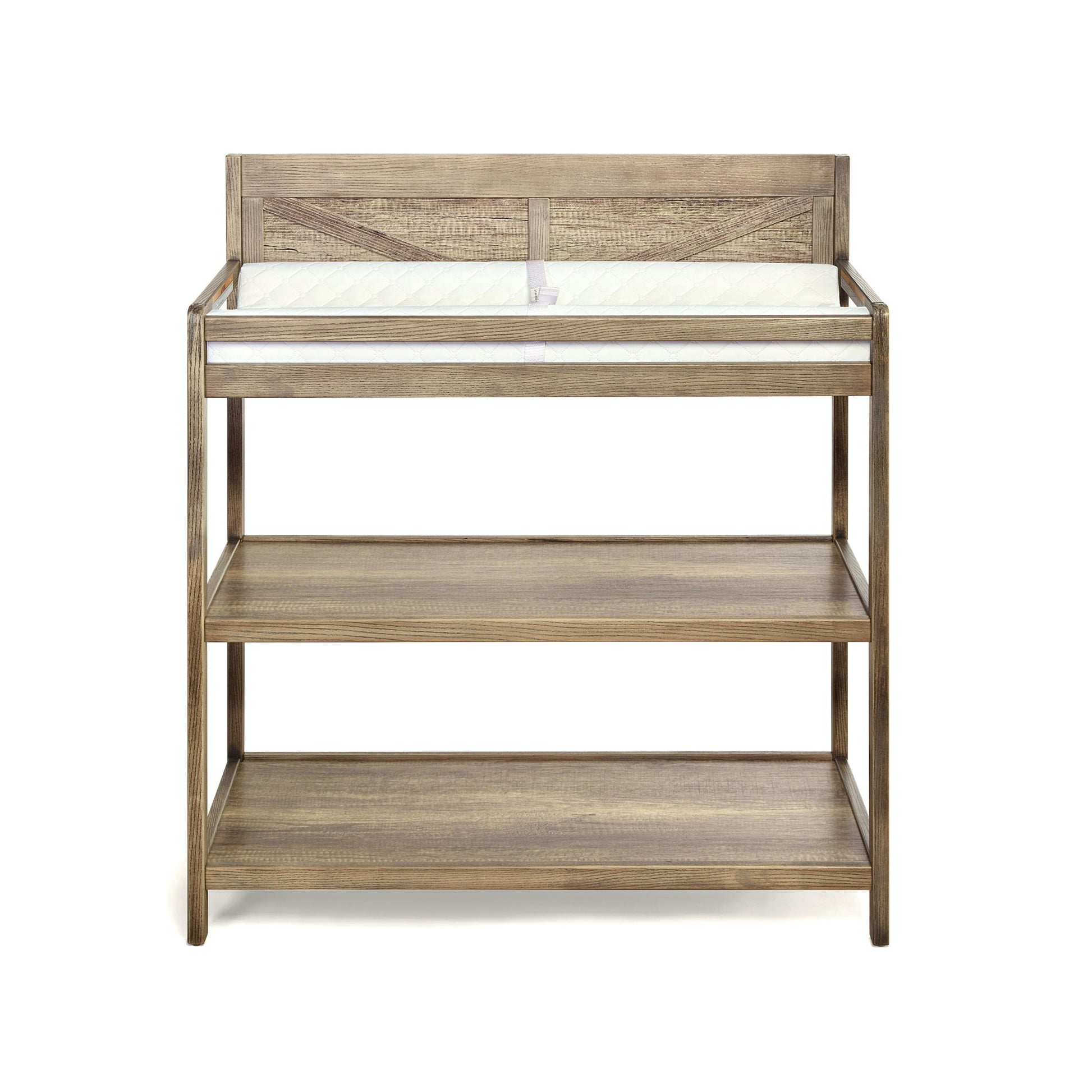 The Barnside - Changing Table Vintage features a rustic light brown wood finish, a raised back, cushioned changing pad, and two open storage shelves below.
