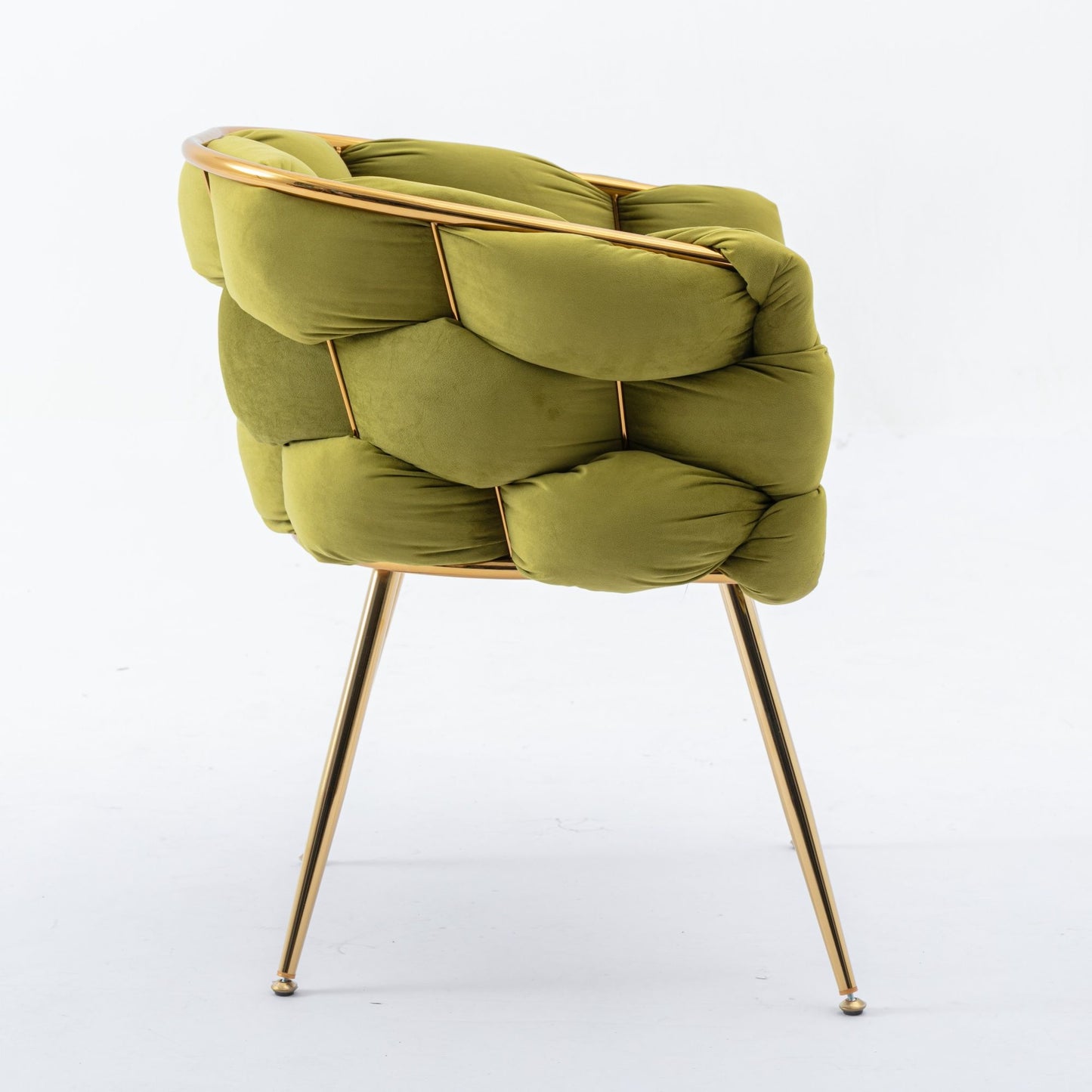 The Luxury Modern Simple Leisure Velvet Single Sofa Chair features olive green, tufted velvet upholstery and slim gold metal legs, shown from the back against a plain white background.