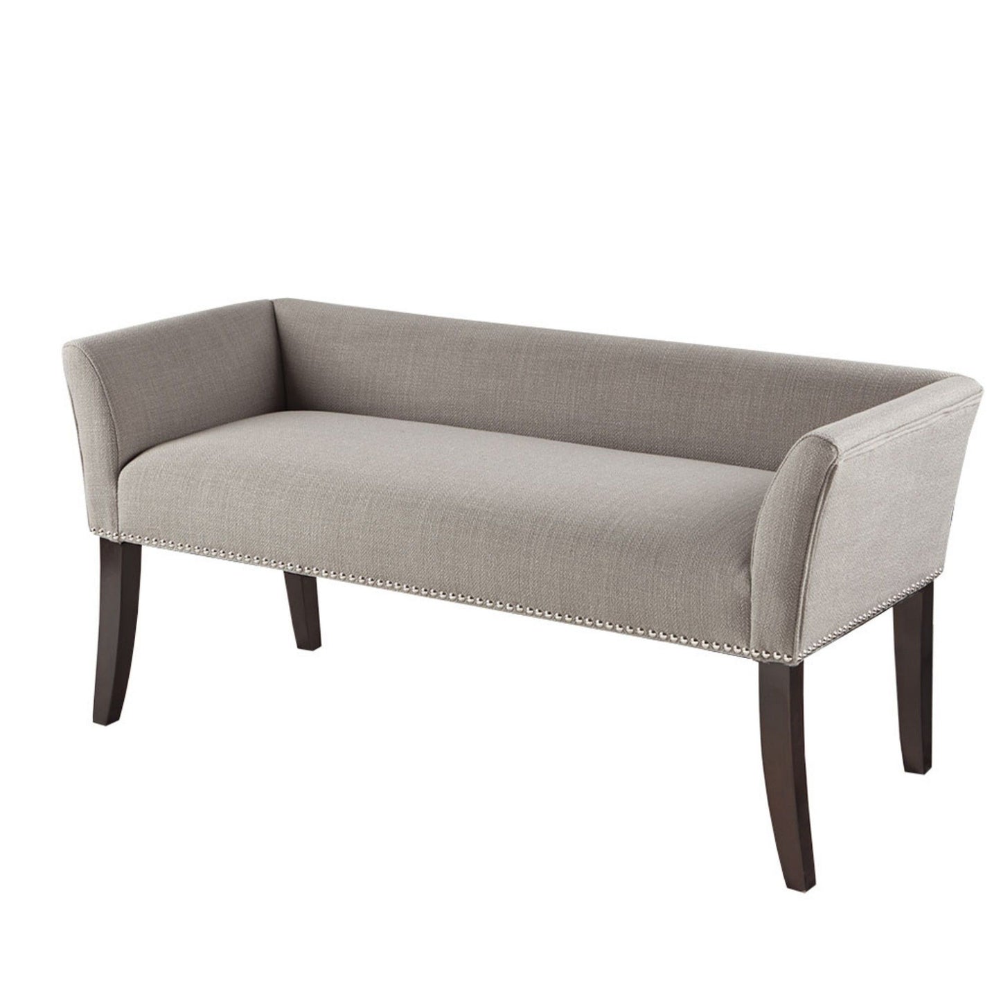The Elegant Design Bench Upholstery features a modern gray finish, short armrests, solid dark wood frame, and silver nailhead trim along the edges.