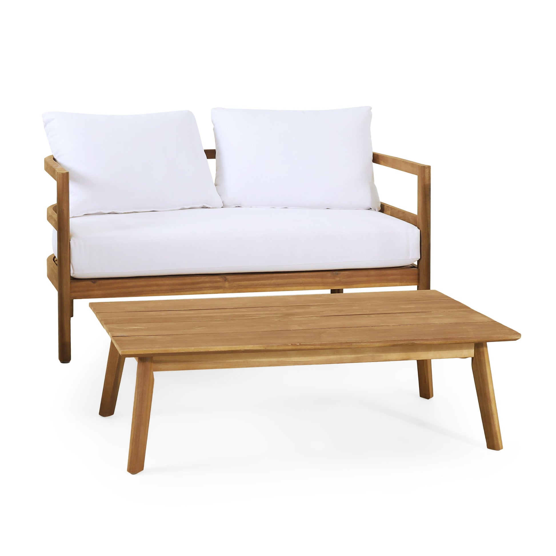 The Outdoor Furniture With Coffee Table is a patio conversation set featuring deep seating and soft cushions, including a modern wooden loveseat with white cushions and a matching rectangular coffee table.