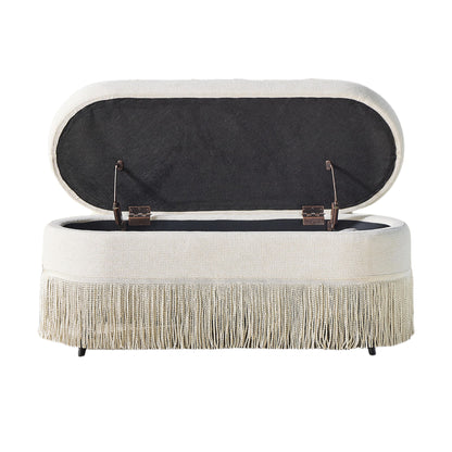 Oval Upholstered Storage Ottoman With Fringe Trim & Lift Top Lid