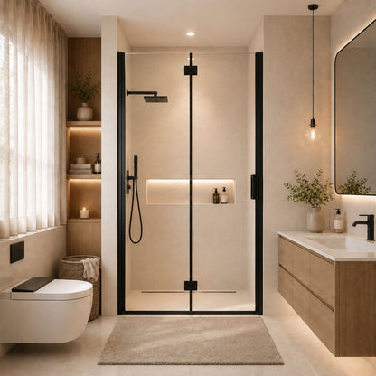 Semi Frameless Bifold Shower Door, Reversible Pivot Hinge, Space Saving Bathroom Panel - Matte Black
